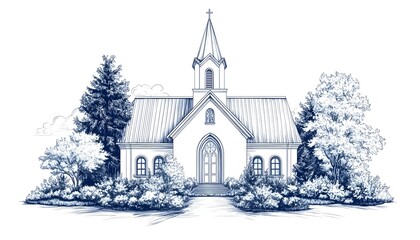 Fototapeta premium A charming, white church with a steeple, surrounded by trees and bushes