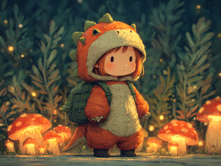 a cute character dressed in a dinosaur costume, standing in a forest-like setting with glowing mushrooms and green foliage. The character has a backpack and is surrounded by a magical, warm ambiance.