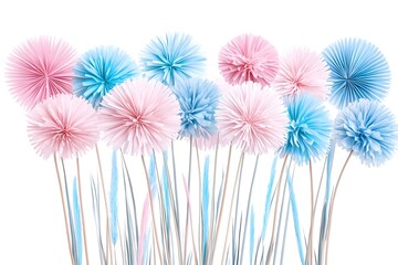 A cluster of pink and blue paper flowers with thin stems against a white background