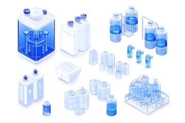 A collection of laboratory equipment, including beakers, flasks, and tubes, all rendered in a modern, isometric style