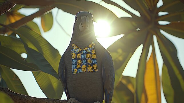 A dark parrot with vibrant vest perched on a branch.