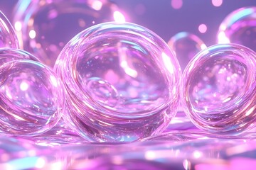 A group of iridescent, transparent spheres, seemingly floating against a pink, glittering backdrop