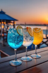 Obraz premium Colorful Cocktails at Sunset on Waterfront Deck, Close-up View of Refreshing Drinks with Citrus Garnish, Summer Vacation