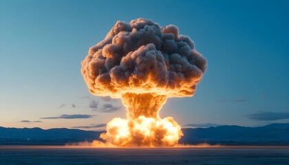 A large mushroom cloud rises from a nuclear explosion in a desolate landscape