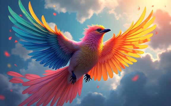 Ascension of colorful avian forms a vibrant spectrum of hope and artistic expression in flight symbolizing freedom and transition in creative design. High quality
