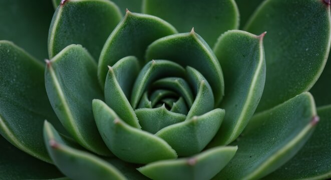 Close-up of a green succulent plant with layered leaves forming a spiral pattern.