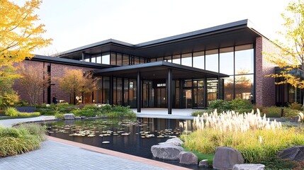 A modern brick building with a large glass facade and a pond in front, featuring lush greenery and a paved walkway