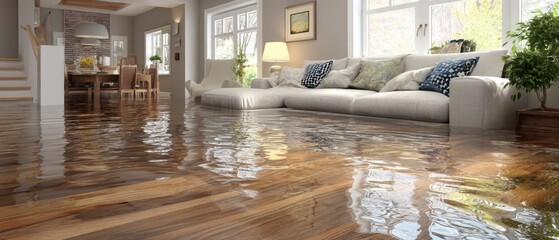Flooded Living Room Interior After Water Damage Disaster Showing Sofa and Wood Floor in Crisis Situation