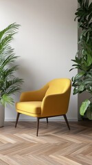 Bright Yellow Armchair in Modern Interior Setting with Plants and Herringbone Wood Floor Minimalist Style