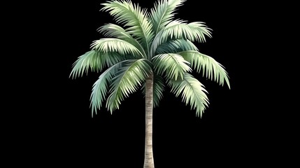 A single palm tree with lush green fronds stands tall against a black background, its slender trunk reaching upwards towards the sky