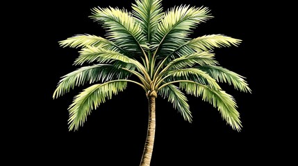 A single palm tree with green leaves against a black background