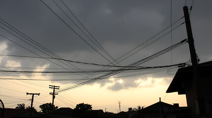 An African urban neighborhood with power lines hanging low and houses dark indicating frequent power cuts due to economic crisis.