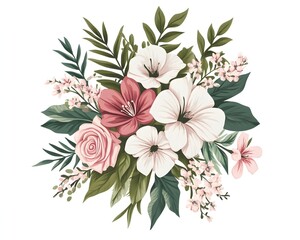 A vibrant bouquet of pink, white, and red flowers with lush green foliage, creating a beautiful floral arrangement