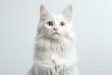 A white cat with heterochromia, one blue eye and one green eye, stares directly at the camera