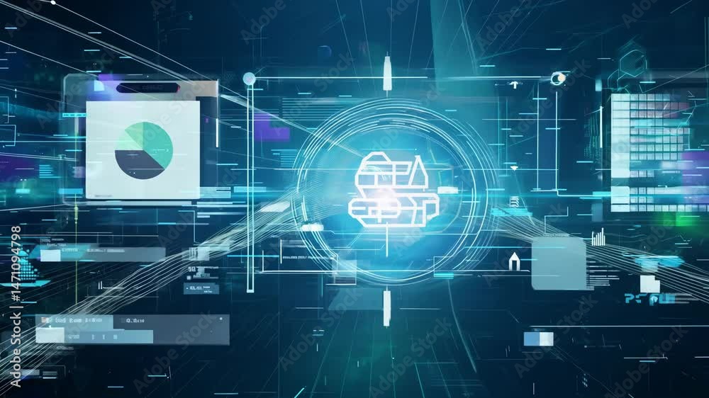 Poster futuristic tech display with data charts and hud elements in 4k.