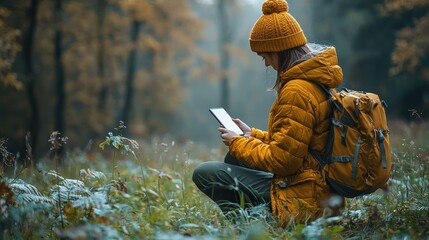 In a serene autumn forest, a young woman with a backpack crouches among the foliage, intently focused on a tablet device, enjoying a moment of quiet solitude.