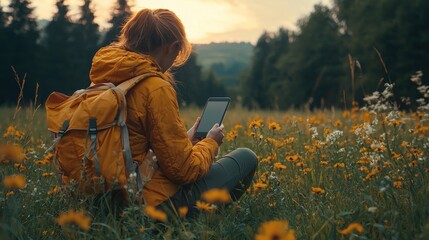A young woman with a backpack sits in a flower-filled meadow at sunset, using a digital tablet to connect with nature and capture memories of her journey.