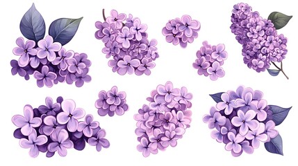 An assortment of eight lilac flower clusters, rendered in a delicate and realistic style
