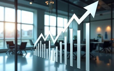 Upward trending arrow graphic on large office window, depicting growth and success. High quality