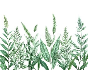 Watercolor illustration of a row of various green plants and grasses with soft, feathery textures on a white background