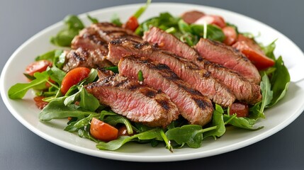 Grilled steak slices on a bed of fresh salad.
