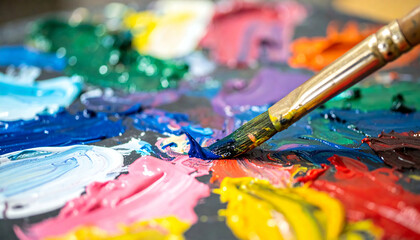 Obraz premium Vibrant Artist Paint Palette with Brush - Colorful Acrylics & Oils