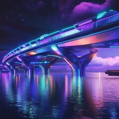 Futuristic neon bridge over water at night
