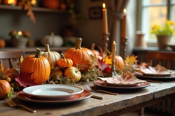Fototapeta premium A rustic Thanksgiving table setting with autumnal decorations , warm, abundance
