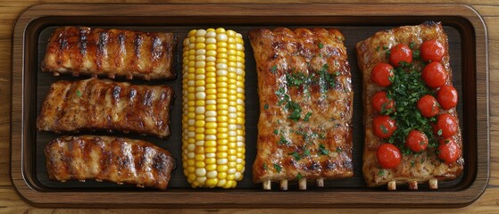Grilled ribs, corn, and tomatoes on a wooden platter.