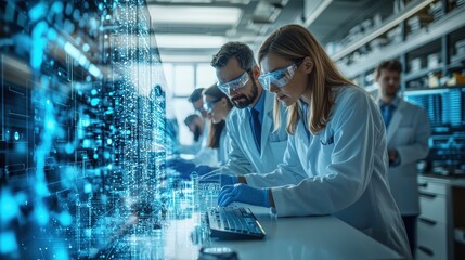 A team of dedicated scientists in lab coats analyze complex data on advanced computer systems to advance medical research and development in the future.