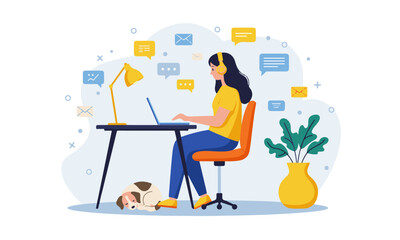 Woman Working Remotely with Communication Icons. Woman with headphones works on a laptop at a desk, surrounded by communication icons, with a lamp, plant, and sleeping dog.