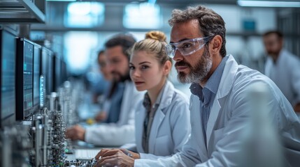 A focused male scientist wea safety glasses works at a computer station in a high tech research laboratory with colleagues du an experiment now.