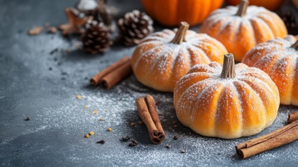Delicious pumpkin-shaped pastries adorned with powdered sugar.