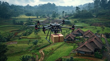 Fototapeta premium Delivery drone carrying a package flies over lush green rice terraces and traditional houses in a rural village offe a glimpse into modern logistics.