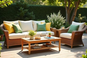 Fototapeta premium A rattan patio set including a sofa, a table and a chair on a wooden deck in the sunny garden.