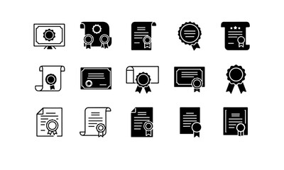 Black Certificate Icons Set.  icons representing certificates and diplomas