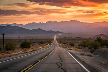 Fototapeta premium Sunset desert highway stretching toward a distant mountain range with vibrant orange sky. Scenic open road pavement, natural desert landscape, and dramatic clouds create a peaceful, endless journey. 