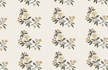 seamless pattern of Elegant botanical design with yellow flowers and berries on white.