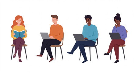 Diverse seated people for commercial use, flat vector style