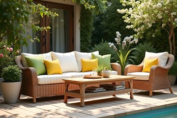 A rattan patio set including a sofa, a table and a chair on a wooden deck in the sunny garden.