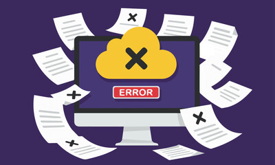 Digital Cloud Error Illustration. A cloud with an "X" is on a computer screen displaying "ERROR," surrounded by papers marked with "X" on a background.
