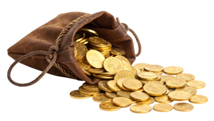 Gold coins spilling from leather sack isolated on a white background png