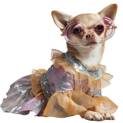 Chihuahua in a glittery party dress with matching sunglasses, stylish attitude, isolated on transparent background ultra realistic 8k --v 7.0