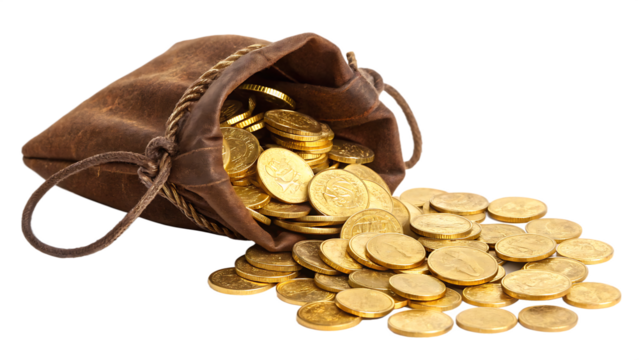 Gold coins spilling from leather sack isolated on a white background png