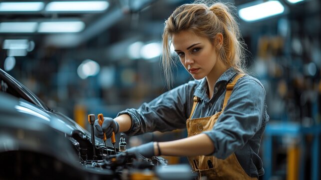 Concentrated female mechanic with ponytail repairs vehicle engine in a busy auto repair shop, showcasing precision and skill while wea work gloves and uniform.