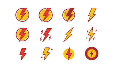 Colorful Lightning Bolt Icons Set. lightning bolt icons in various styles, some enclosed in circles
