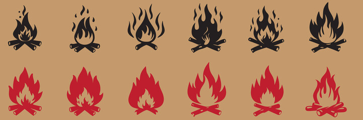 Fire icon silhouette vector set. camp fire icon bonfire burning on firewood sign vector illustration 