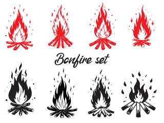 Fire icon silhouette vector set. camp fire icon bonfire burning on firewood sign vector illustration 