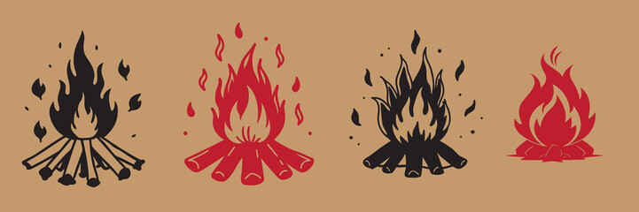 Fire icon silhouette vector set. camp fire icon bonfire burning on firewood sign vector illustration 