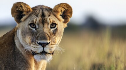 Obraz premium Intimate portrait of a young lioness in the African savanna at dawn